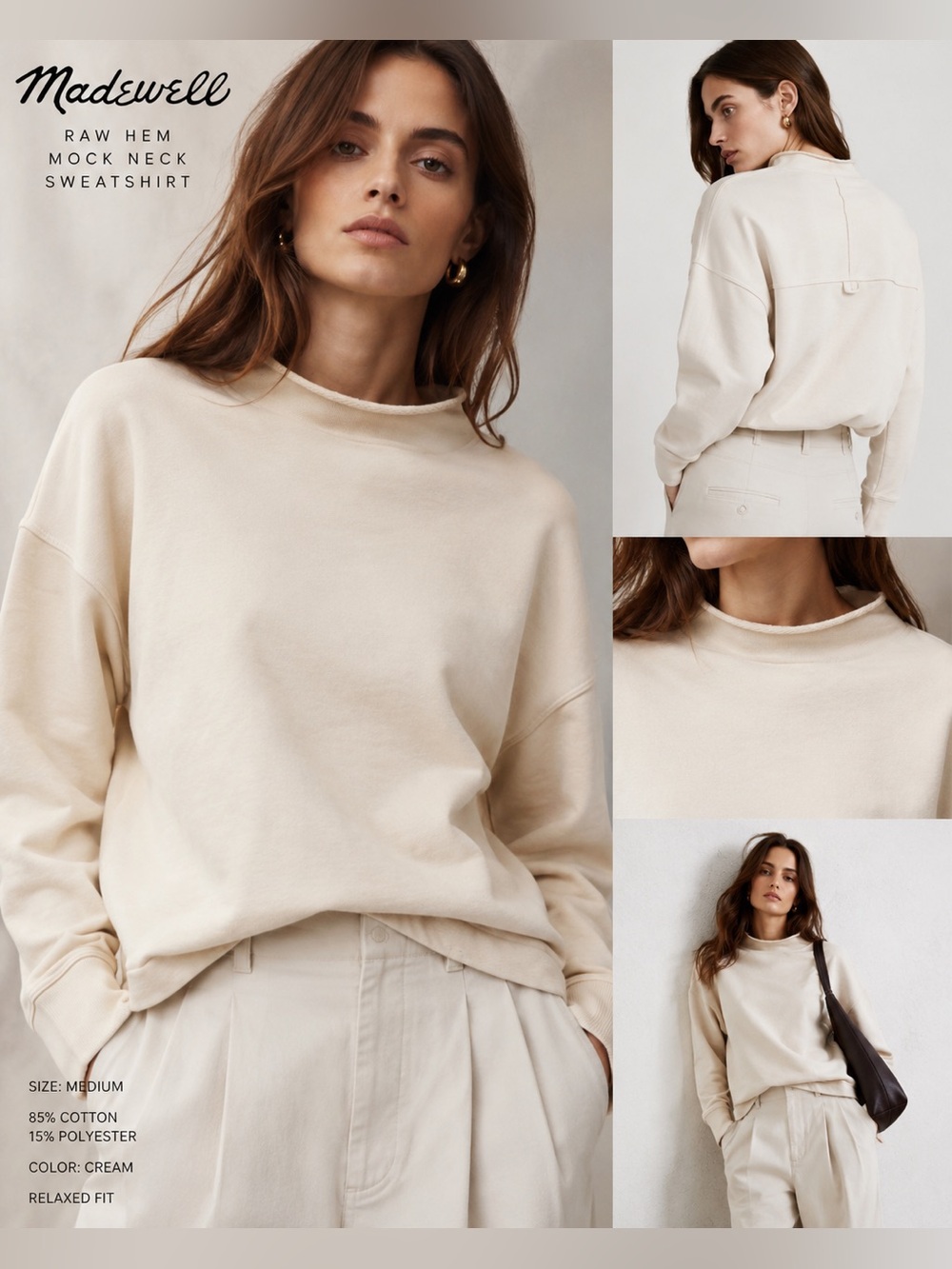 Madewell Cream Raw Hem Mock Neck Sweatshirt Pullover Medium